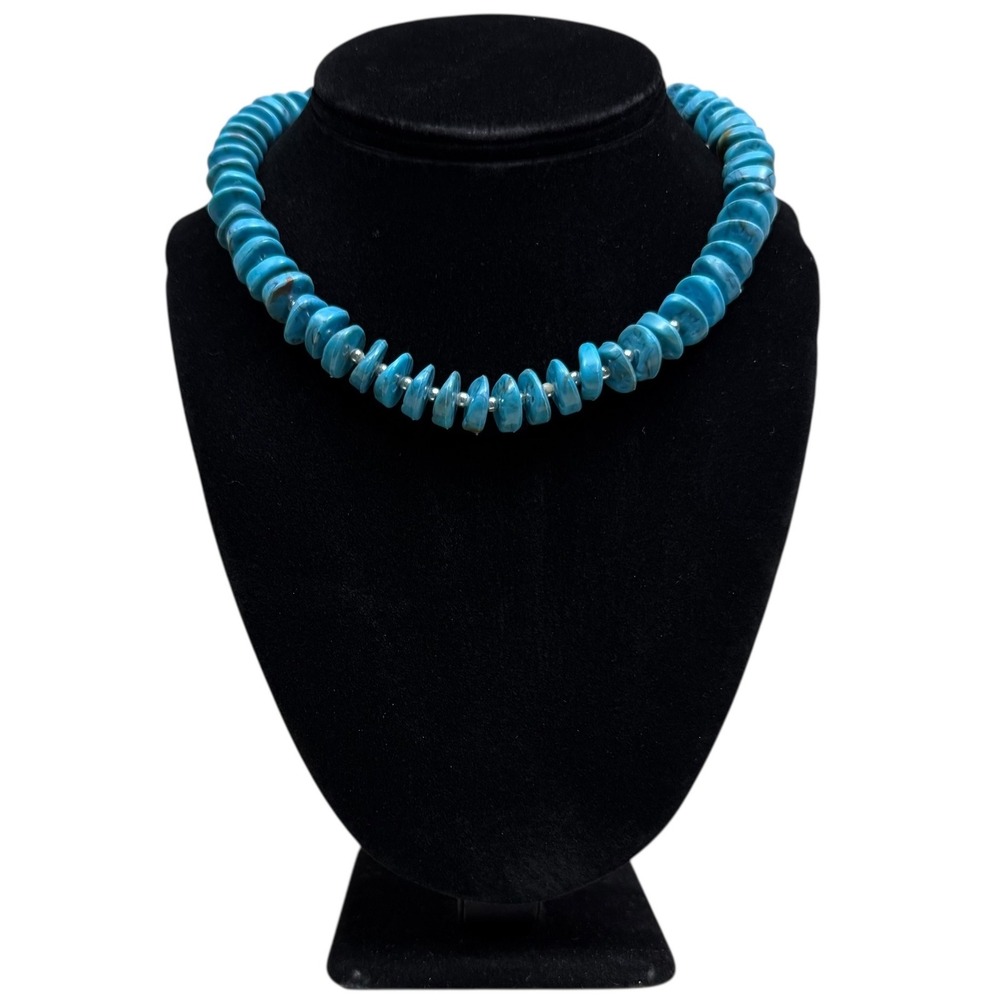 Turquoise Silver Acrylic Beaded Choker Necklace Southwest Boho Jewelry 7.5 in L
